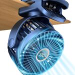 Portable Mini Personal Fan, Small Rechargeable Battery Powered Stroller Fan for Desk, Strong Clamp Grip, 360° Rotation, 3-Speed, LED Display, Clip On Cooler for Bed, Golf Cart, Office, Blue
