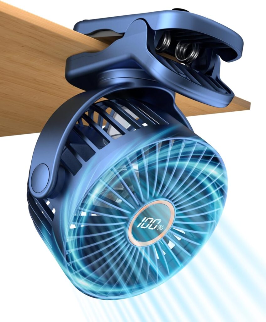 Portable Mini Personal Fan, Small Rechargeable Battery Powered Stroller Fan for Desk, Strong Clamp Grip, 360° Rotation, 3-Speed, LED Display, Clip On Cooler for Bed, Golf Cart, Office, Blue