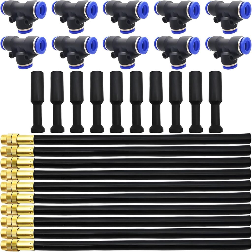 Irrigation Spray Nozzles, 10Pcs Misting Nozzle Universal adjustment 20cm, Misting system, sprinkler with 10Pcs T -type connector + 10Pcs choke plug for irrigation, greenhouse, lawn