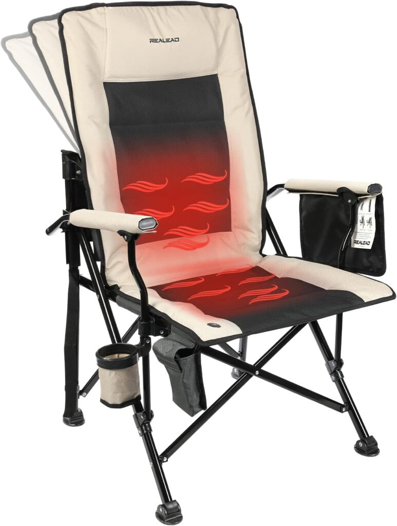 REALEAD Heated Camping Chair – Fully Padded – Heated Chairs Outdoor Sports – Supports 400 lbs – Portable Heated Outdoor Camp Chair for Sport Events – Battery NOT Included