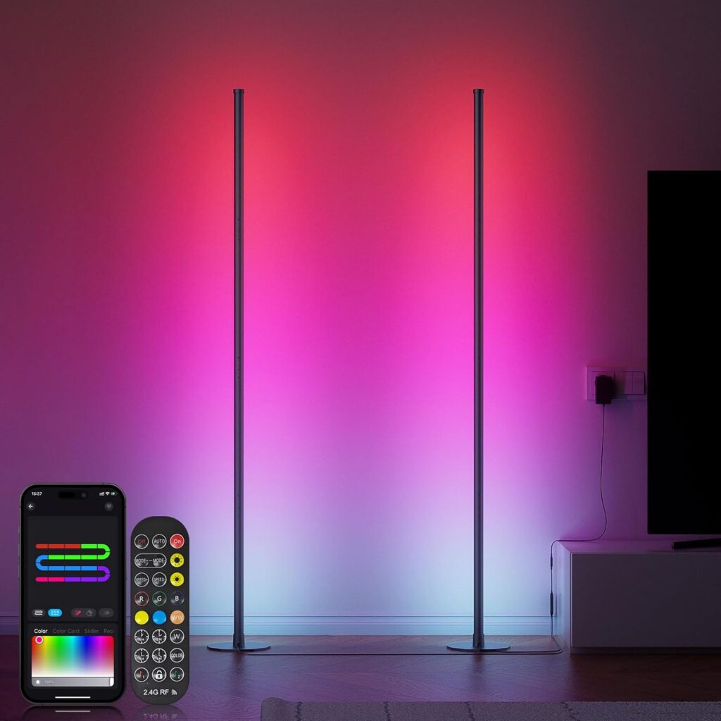 Corner Floor Lamp, Smart Dual LED Corner Lamp with APP and Remote Control, RGB+ICW Ambient Lighting Music Sync &16 Million Colors, 55″ Standing Lamps for Living Room Gaming Bedroom (1 Pair)