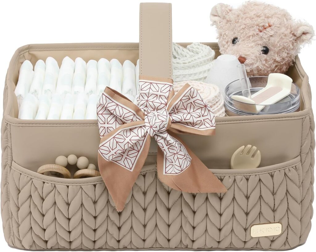 Luxurious Baby Diaper Caddy, Nursery Storage Basket for Newborn Essentials, Travel Baby Basket for Diapers Baby Wipes, Organizer Tote Bag Storage Bin, Baby Shower Gifts(Beige)