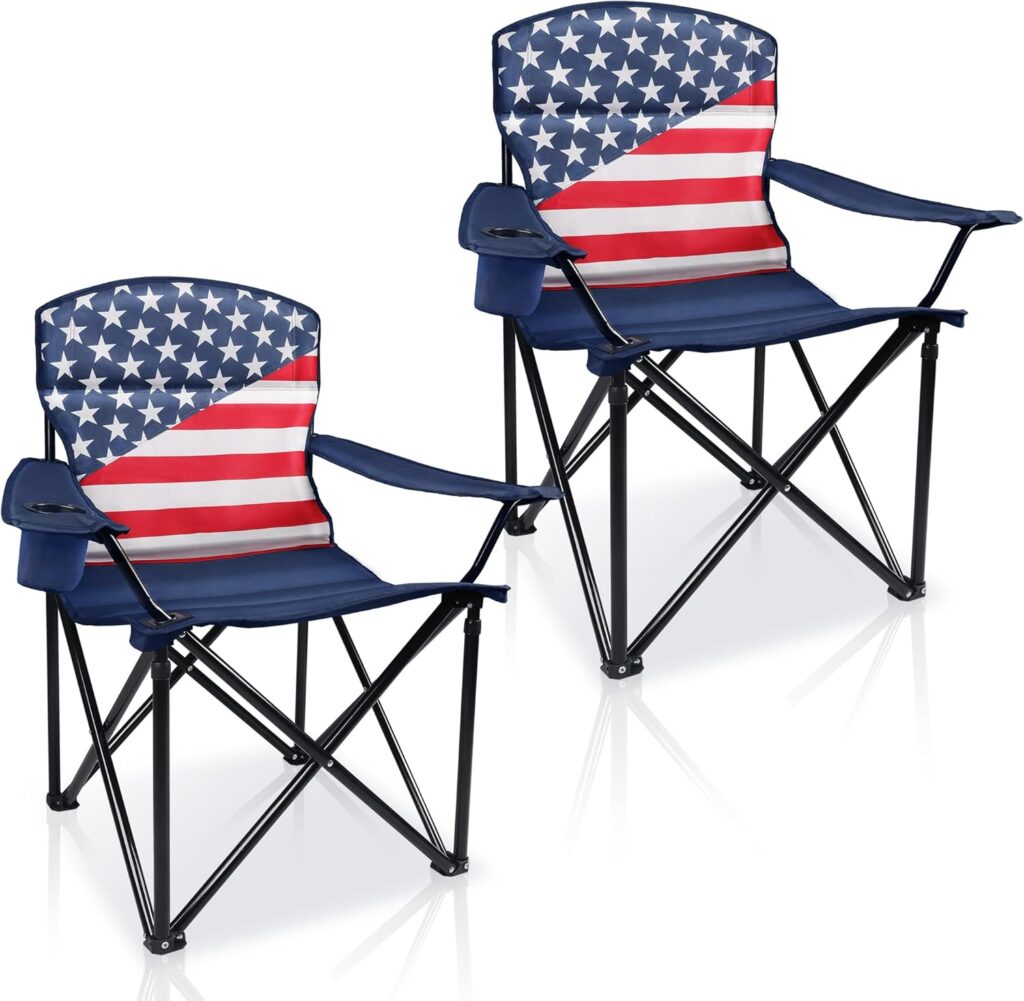 Folding Camping Chairs 2 Pack:Oversized Padded Lawn Chair for Adult,Collapsible for Outdoor,Camp,Fishing & Garden,350-lbs Capacity,American Flag