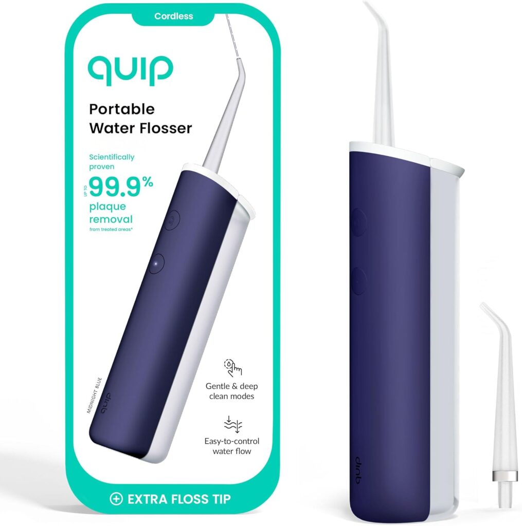 quip Water Flosser with Replacement Tip – Cordless Water Flosser with Adjustable Pressure – Teeth Cleaner Pick with 360 Degree Rotating Replaceable Tip – Midnight Blue
