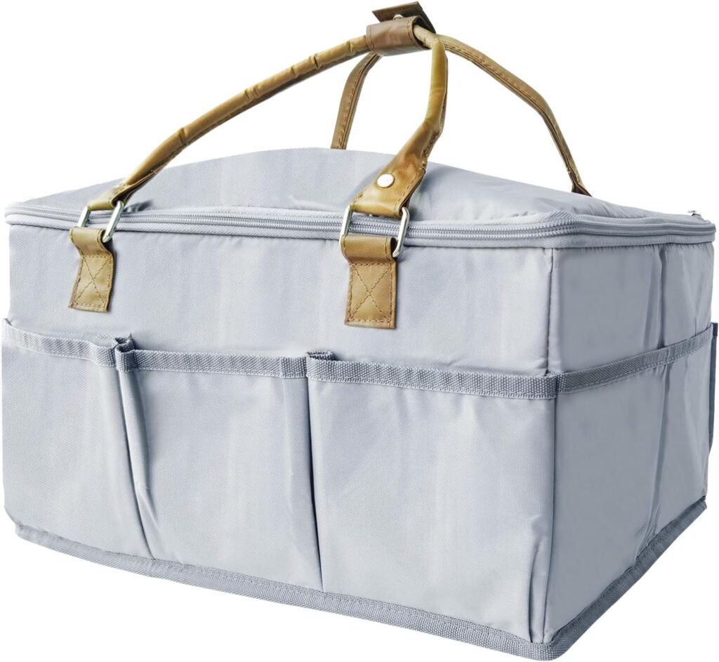 Diaper Caddy Organizer with Lid & Changing Mat – Portable Large Grey Nursery Storage Bin for Changing Table, Car, Travel | Includes Zip-Top Cover | Newborn Essentials Must-Have