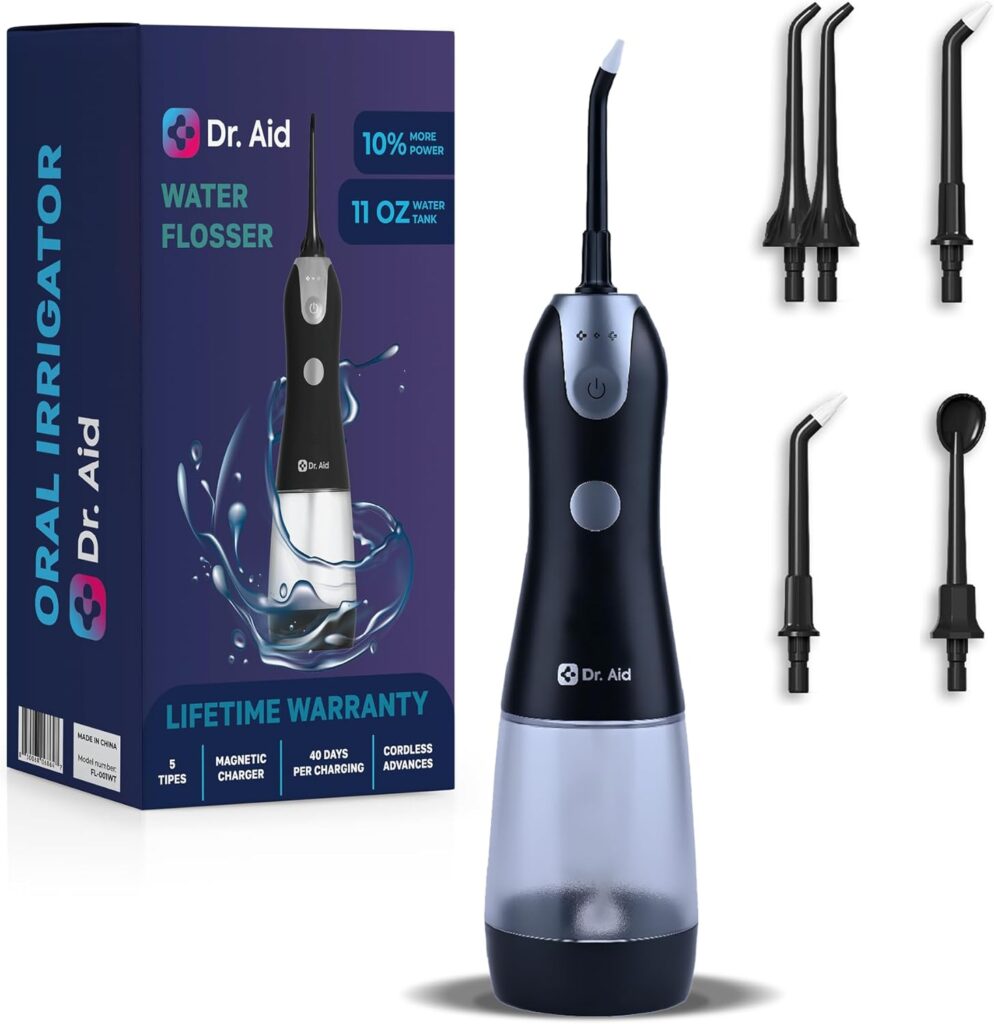 Dr. Aid Dental Water Flosser – Portable Oral Irrigator – 11Oz Tank, Water Filter, 5 Tips, Magnetic Charger – IPX8 Waterproof Cordless Water Flosser, Ideal Water Flossers for Teeth, Gums, Braces, Black