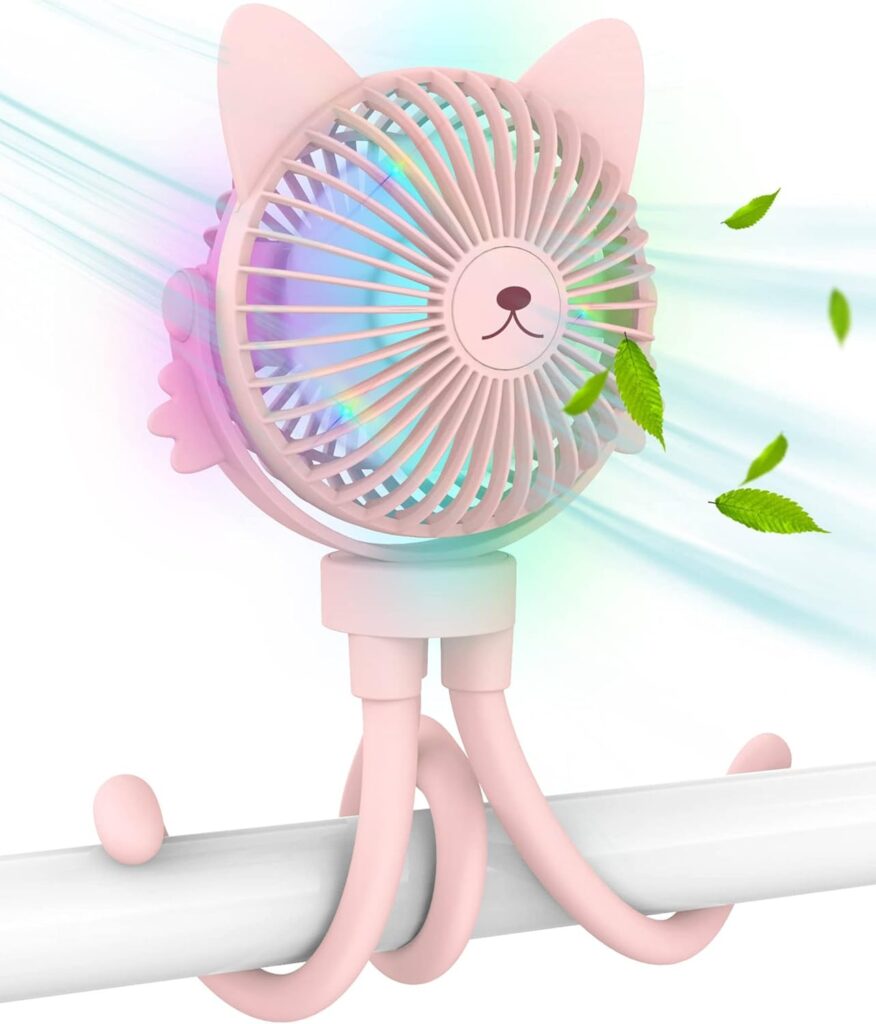 Portable Stroller Fan for Baby – Rechargeable Handheld & Clip-On USB Fan, Stroller Accessories with Night Light (Pink)
