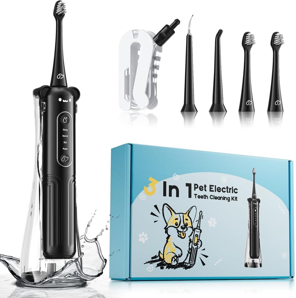 Puppy Tooth Brushing Kit for Dog Teeth Cleaning, 3-in-1 Dog Toothbrush Kit, Electric Toothbrush with Water Flosser, IPX7, 1100mAh Battery(Black)