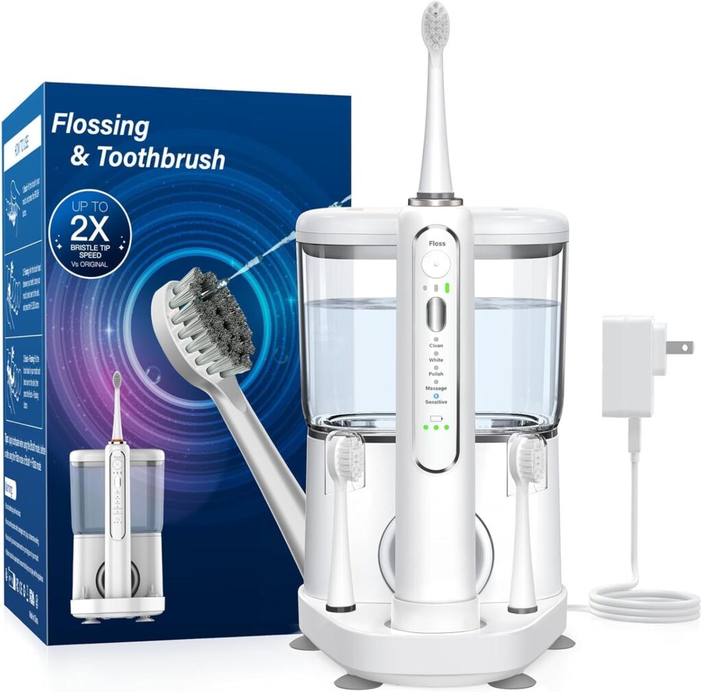 Electric Toothbrush with Water Flosser – Wireless Charging 3 in 1 Flossing Toothbrush – 500ML Professional Cordless Brush and Flosser in One – 5 Brush Modes & 3 Floss Speed (White)