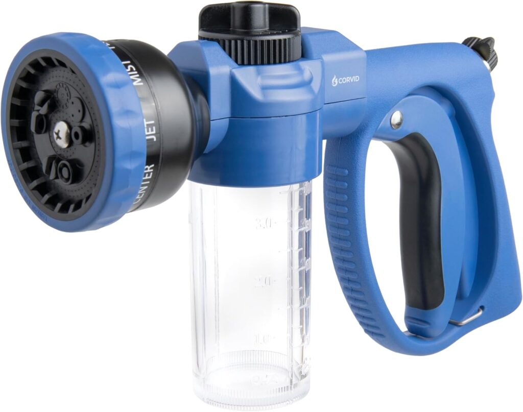 Adjustable Nozzle with Soap Dispenser, 8-Pattern Spray Hose Nozzle for Cleaning Cars, House, and Pets – Lightweight Plastic Design