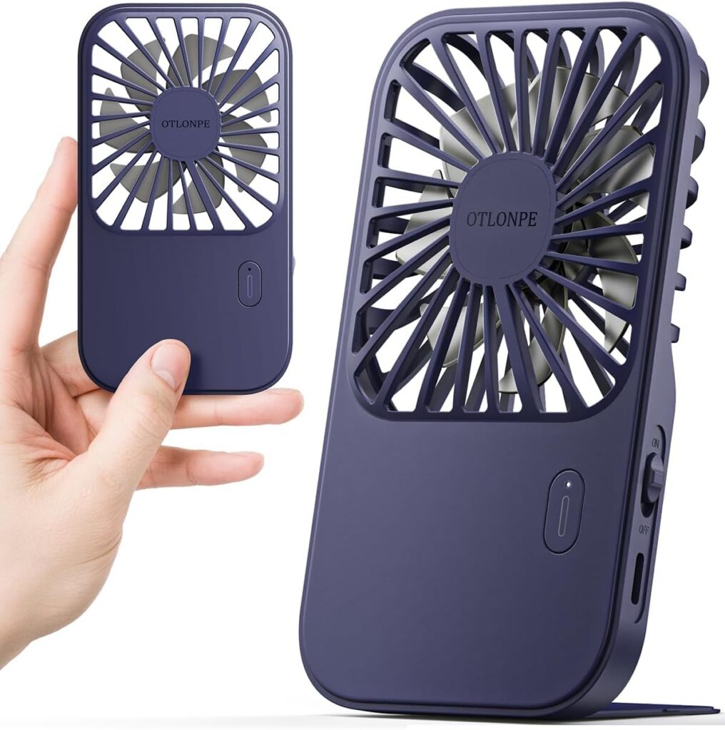 Otlonpe Rechargeable Mini Portable Handheld Fan, Small Personal Battery Powered Handheld Portable Fans for Hand Held Desktop Travel, Foldable Stand, Slim Cordless, Wrist Strap, 3-Speed (Blue)