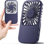 Otlonpe Rechargeable Mini Portable Handheld Fan, Small Personal Battery Powered Handheld Portable Fans for Hand Held Desktop Travel, Foldable Stand, Slim Cordless, Wrist Strap, 3-Speed (Blue)