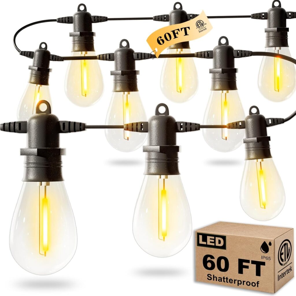 60FT LED Outdoor String Lights with 16+1 Edison Shatterproof IP65 Waterproof Bulbs, 2700K Dimmable Commercial Grade Patio Lights for Garden, Porch, Deck Decor