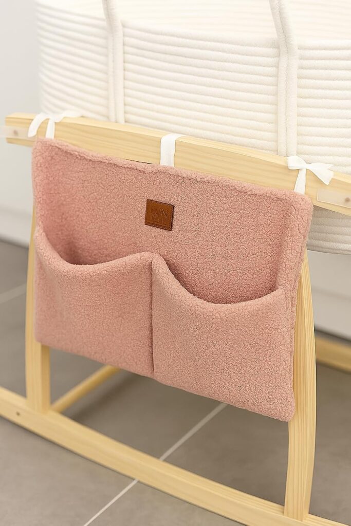 Adm&Eve Bedside Diaper Caddy – Teddy Material With 2 Compartments for Baby Carrier, Crib, Stroller & Changing Table, Hanging Storage Organizer (Dust PINK)