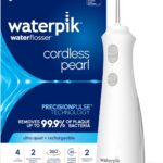 Waterpik Cordless Pearl Rechargeable Portable Water Flosser for Teeth, Gums, Braces Care and Travel with 4 Flossing Tips – ADA Accepted, WF-13 White, Packaging May Vary