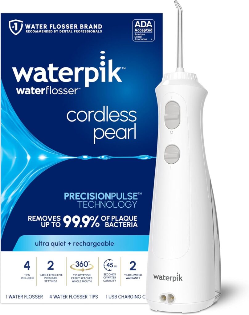 Waterpik Cordless Pearl Rechargeable Portable Water Flosser for Teeth, Gums, Braces Care and Travel with 4 Flossing Tips – ADA Accepted, WF-13 White, Packaging May Vary