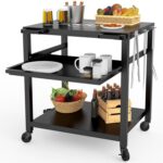 NUUK Outdoor Grill Prep Table 24″x30″ Metal Grill Cart Outside 3-Layer Pizza Oven Table Movable with Universal Wheels for BBQ Backyard Patio