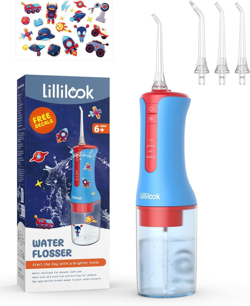 Kids Water Flosser Blue, Rechargeable Oral Irrigator for Kids Aged 6+, 4 Modes, 3 Jet Tips, Fun Stickers, Safe and Gentle Oral Care