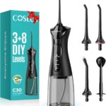 COSLUS Water Dental Flosser Pick for Teeth: 4 Modes Cordless Portable 300ML Larger Tank Water Teeth Cleaner IPX7 Waterproof Flossing Cleaning Picks for Home Travel Black C30(FC5360)