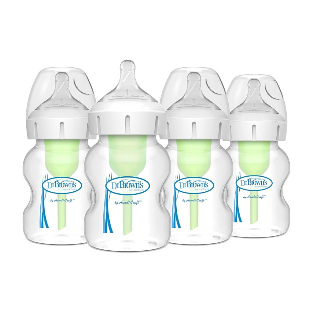 Dr. Brown’s Natural Flow Anti-Colic Options+ Wide-Neck Baby Bottles 5 oz/150 mL,with Level 1 Slow Flow Nipple,4 Pack,0m+