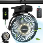 Portable Clip on Fan 65 Working Hours, Camping Fans with LED Lights & Hook, 12000 Capacity Battery Operated Fan with Clamp, USB Rechargeable for Desk, Tent, Treadmill, Stroller, Golf Cart, Home