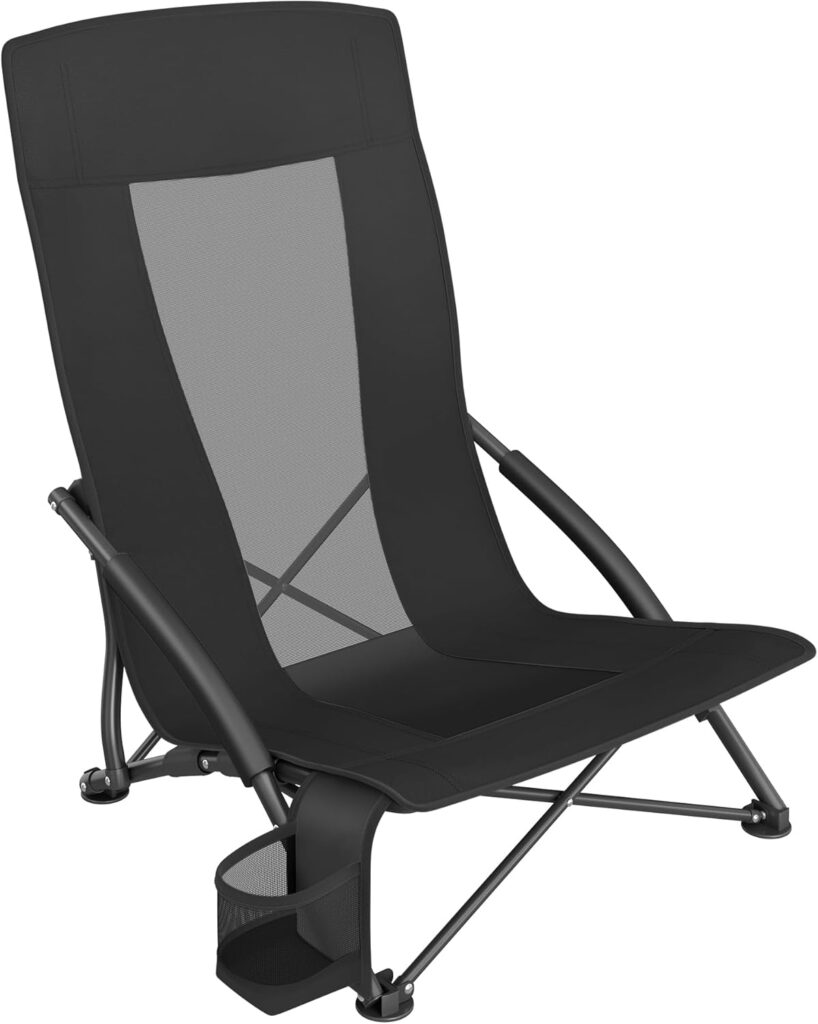 SONGMICS Camping Chair, Portable Outdoor Beach Chair, with High Backrest, Cup Holder, Lightweight, Heavy-Duty, Max. Load 330 lb, Black UGCB61BK