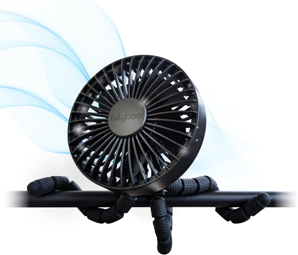 Lulyboo Rechargeable Stroller Fan, 360 Flexible Clip-On Baby Fan with Up to 16 Hours Battery, Waterproof, Adjustable Speed for Strollers, Cribs, Car, Outdoor, Compact & Portable