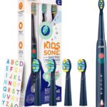 SEAGO Kids Electric Toothbrush, Sonic Soft Bristle Rechargeable Toothbrushes with DIY Stickers, 5 Modes, Includes 4 Replacement Brush Heads, Ages 3 to 12 Years Old (Navy)