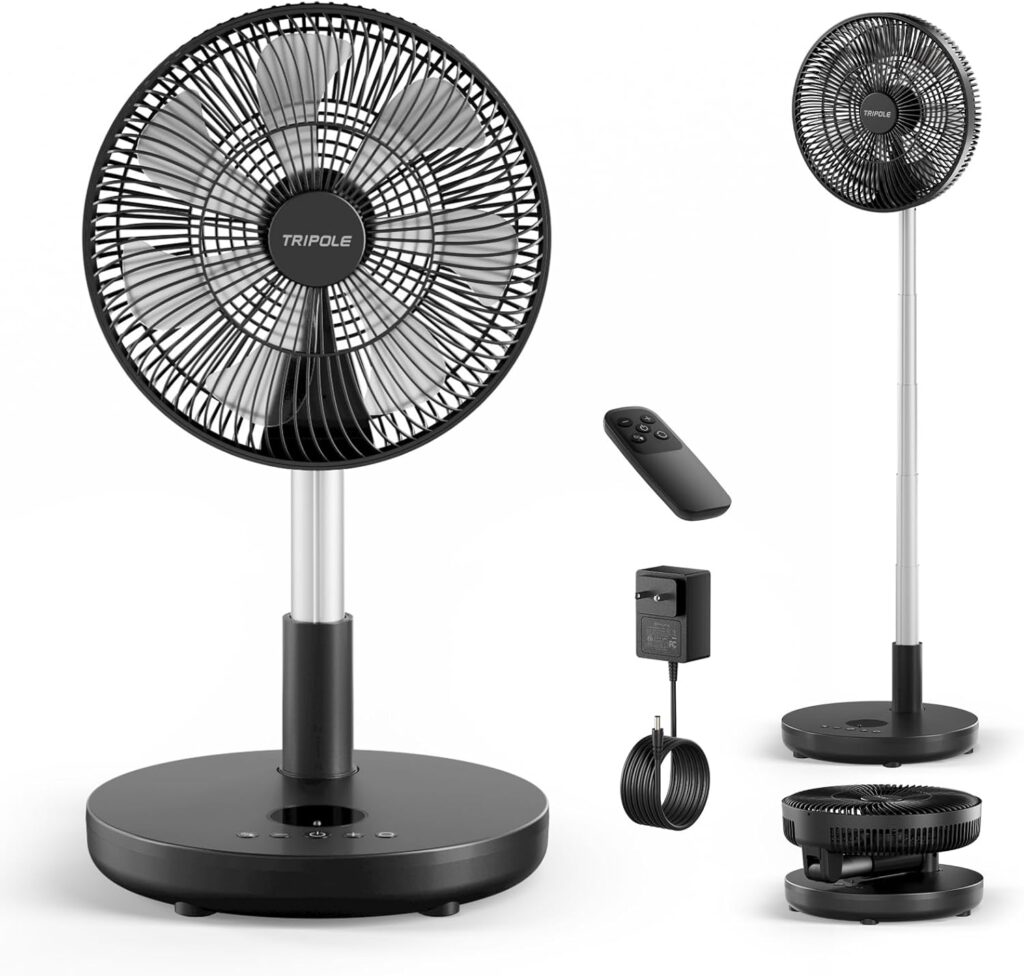 TriPole Foldable Standing Fan 12″ Portable Rechargeable Battery Pedestal Fan with Remote, Timer Setting, Height Adjustable, for Home Office, 6 Speed, 12000mAh (Black)