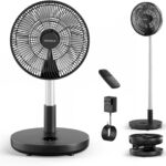 TriPole Foldable Standing Fan 12″ Portable Rechargeable Battery Pedestal Fan with Remote, Timer Setting, Height Adjustable, for Home Office, 6 Speed, 12000mAh (Black)