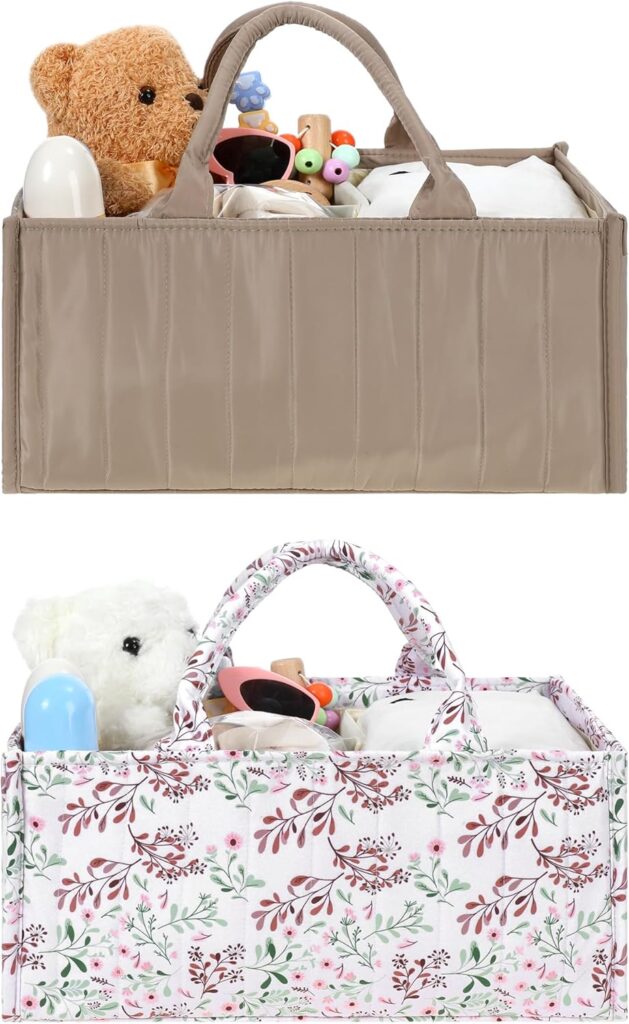 2 Pcs Diaper Caddy Organizer New Mom Gifts Stylish Brown Diaper Caddy Basket Floral Pastoral Daisy Nursery Storage Organizer Baby Shower New Parents Gifts for Baby Newborn Essentials