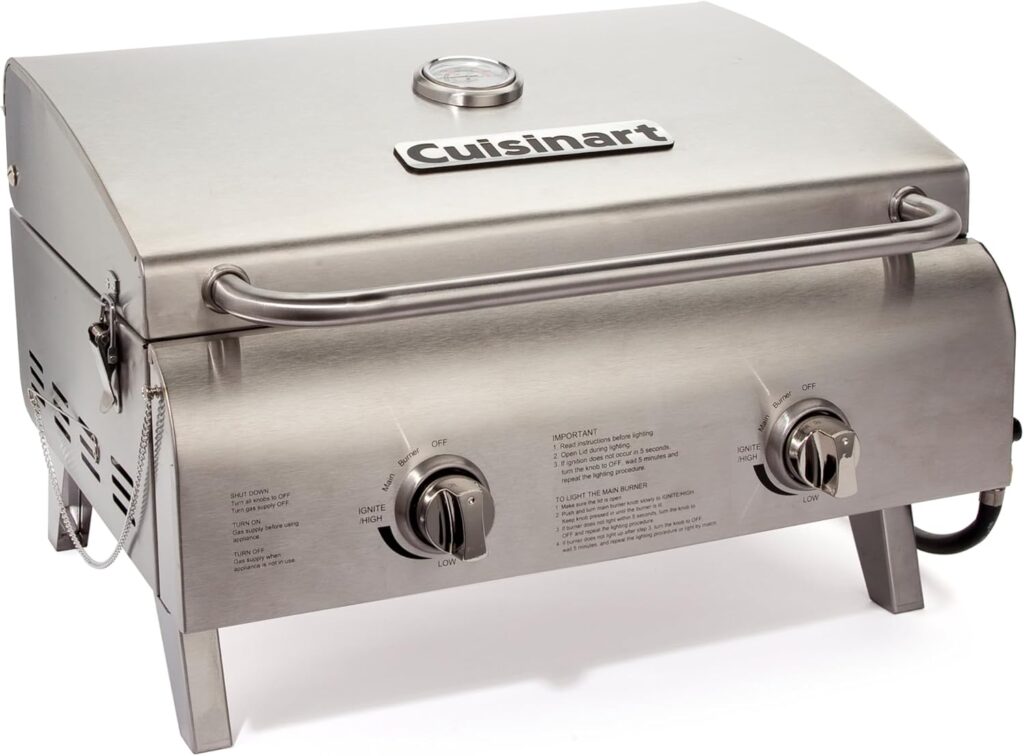 Cuisinart Chef’s Style Tabletop Portable Propane Gas Grill, 20,000 BTU Stainless Steel 2-Burner Outdoor BBQ Grill for Camping, Tailgates, BBQ, Hassle-Free Setup