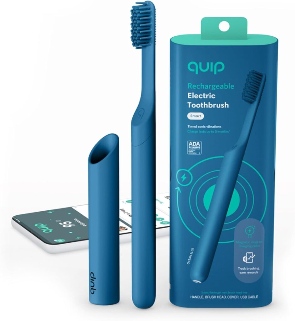 Quip Rechargeable Smart Sonic Toothbrush for Adults – Timed Electric Toothbrush with Bluetooth & Rewards App – Replaceable Brush Head, Soft Bristles, Plastic Handle – Travel Toothbrush – Ocean Blue