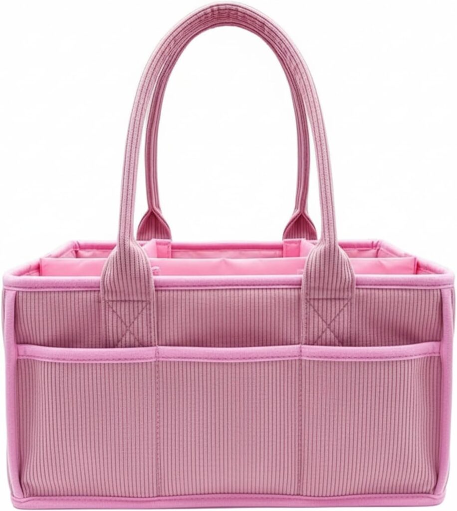 Diaper Caddy Organizer for Baby Essentials – Large Capacity Diaper Organizer with Removable Dividers, Portable Caddy Organizer with Handle for Diapers, Wipes, Toys & Newborn Must-Haves (Pink)