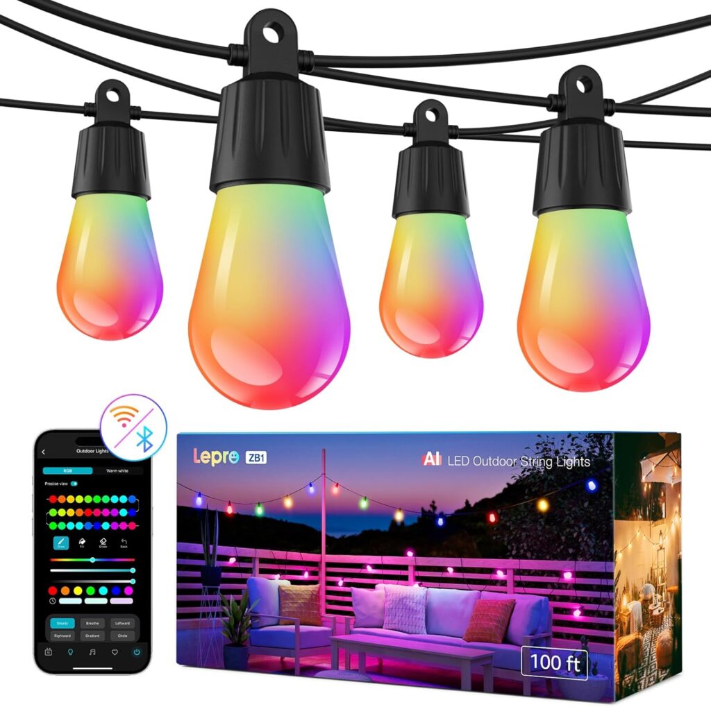 Lepro ZB1 AI Smart Outdoor String Lights APP Control, 100(88+12) ft RGB+IC+Warm White Outdoor Light 30 LED Bulbs, NOT Extendable, Alexa Google Enabled, Music Sync, NO Remote, 2.4 GHz WiFi+Bluetooth