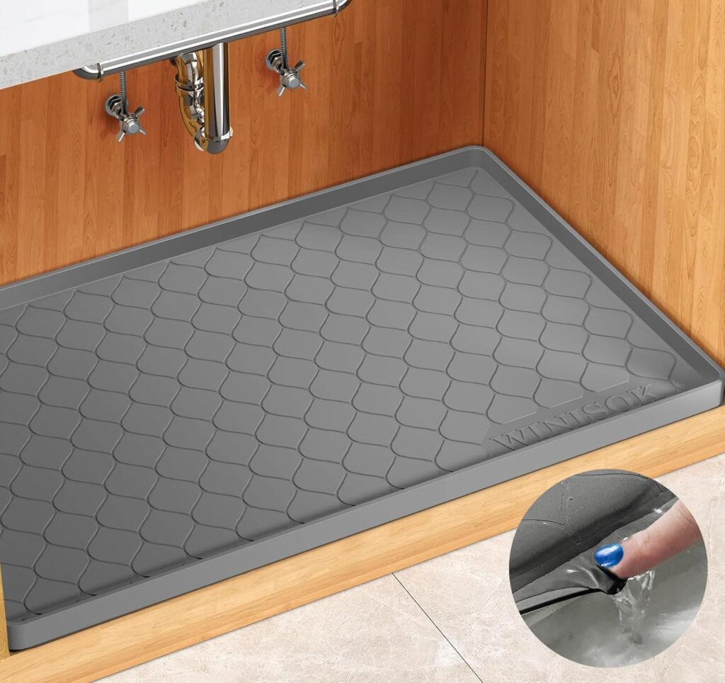 Silicone Under Sink Mat 34″ x 22″, kitchen Essentials and Gadgets, Shelf liner and Cabinet Protector, Home Organizers and Storage, Waterproof Bathroom Tray