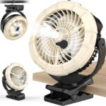 Ausic 3-in-1 Portable Clip on Fan with Misting & LED Lights & Hook, 100ML Baby Stroller Fan, 5200mAh Rechargeable Battery Operated & 360° Rotation & 3 Speeds for Table Outdoor Travel Camp Golf Cart