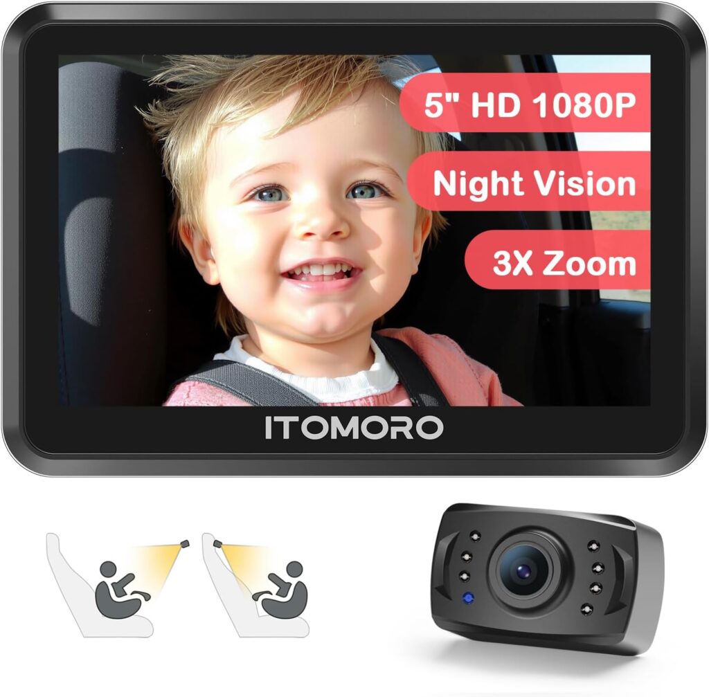 Itomoro Baby Car Camera 5” 1080P with 3X Zoom, IR Night Vision, 360°Rotating Adjustable Car Baby Monitor Easily Install Car Seat Camera for Baby Rear Facing