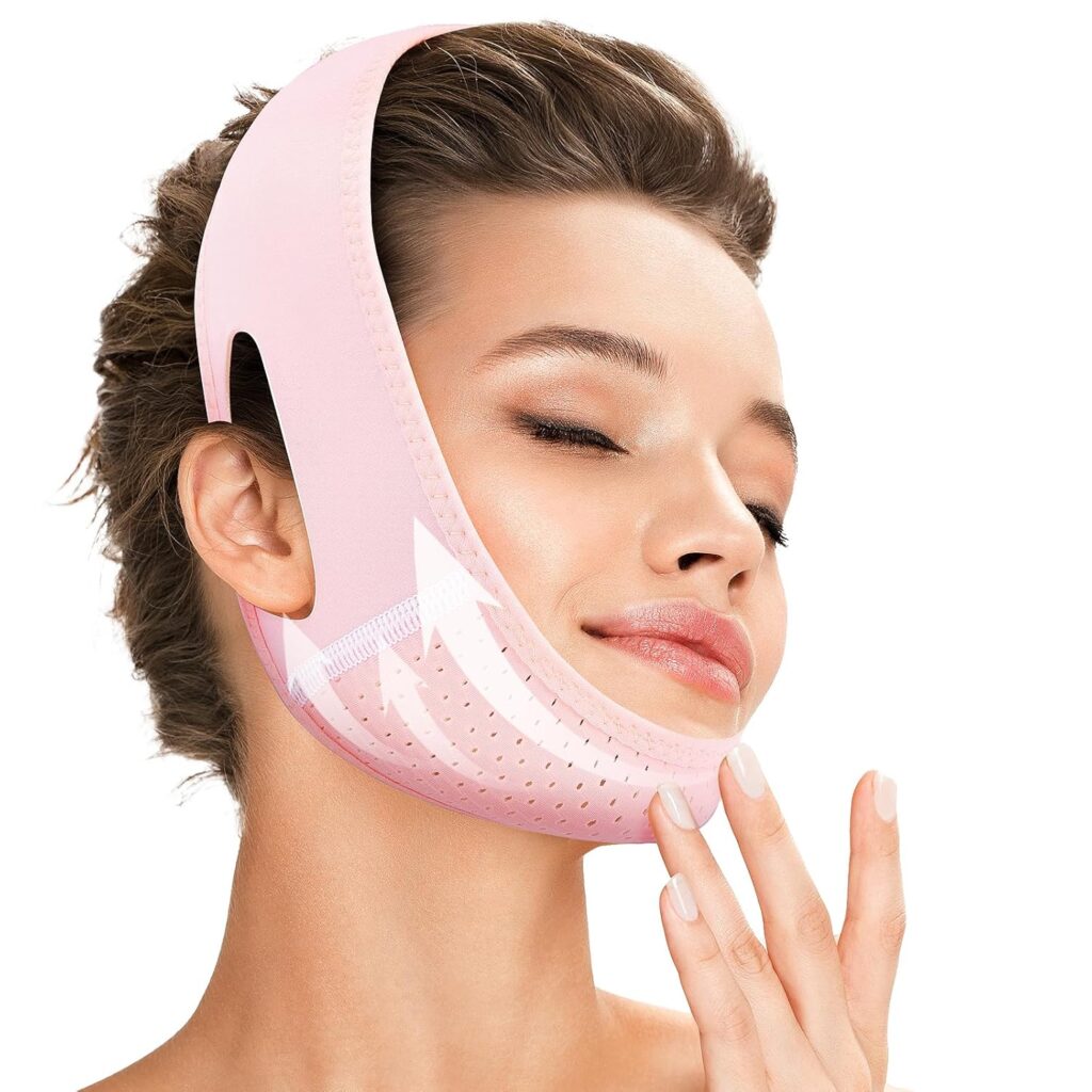 Reusable V Line Lifting Mask with Chin Strap for Sleeping,Double Chin Reducer,Face Lift Prevent Sagging, Jaw Exerciser,Light Pink,M