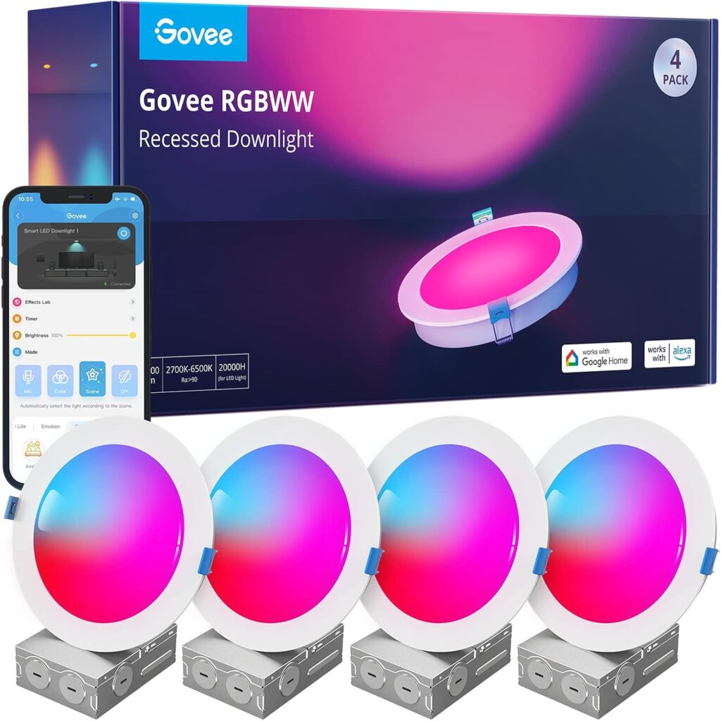 Govee Smart Recessed Lighting 6 Inch, Wi-Fi Bluetooth Direct Connect RGBWW LED Downlight, 65 Scene Mode, Canless Recessed Light Work with Alexa & Google Assistant with Junction Box, 1100 Lumen, 4 Pack