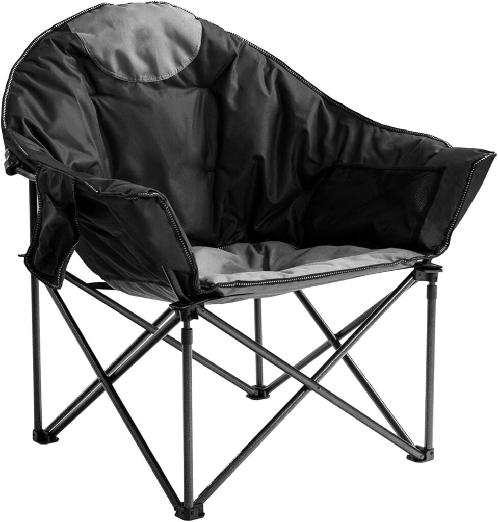Oversized Camping Chair with Cup Holder & Carry Bag – 500lbs Heavy Duty Moon Saucer Chair for Outdoor, Lawn, Sports, Patio – Padded Folding Sofa Chair, Black & Gray