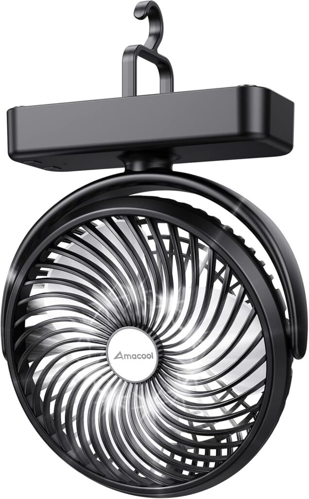 10000mAh Battery Operated Camping Fan with LED Light-7 inch USB Fan with Hanging Hook for Tent Car RV Hurricane Emergency Outage