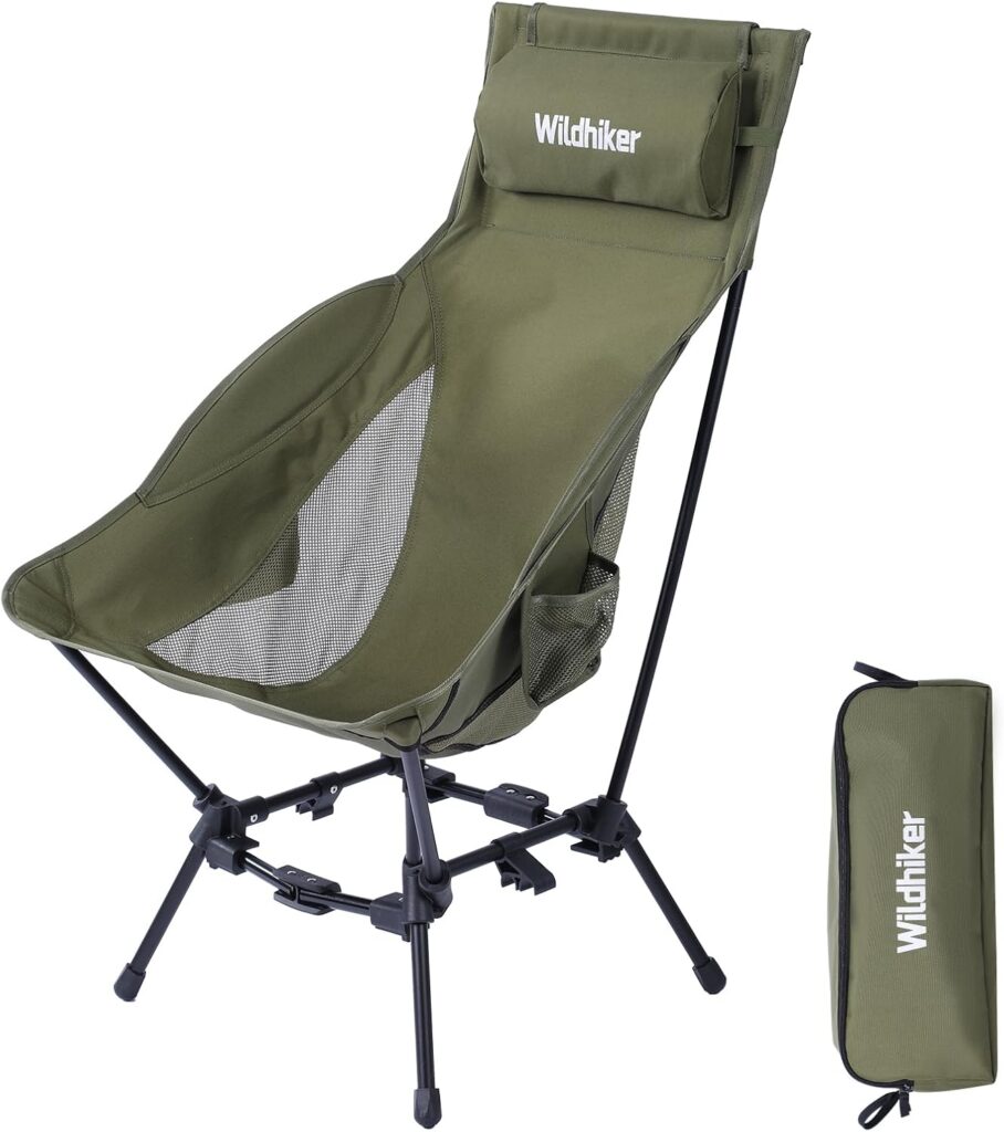 Wildhiker Portable High Back Folding Camping Chairs – Compact with Dual Sitting Modes, Pillow, Arm Pads and Side Pockets – Lightweight Chair for Motorcycle, RV, Festival, Travel – Green