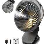 6″ Clip on Fan with Mist & LED Light, 8000mAh Portable Rechargeable Battery Operated Desk Fan with Remote, 45Hrs Quiet Auto Oscillation Small USB Fan for Golf Cart, Tent, Treadmill, Black