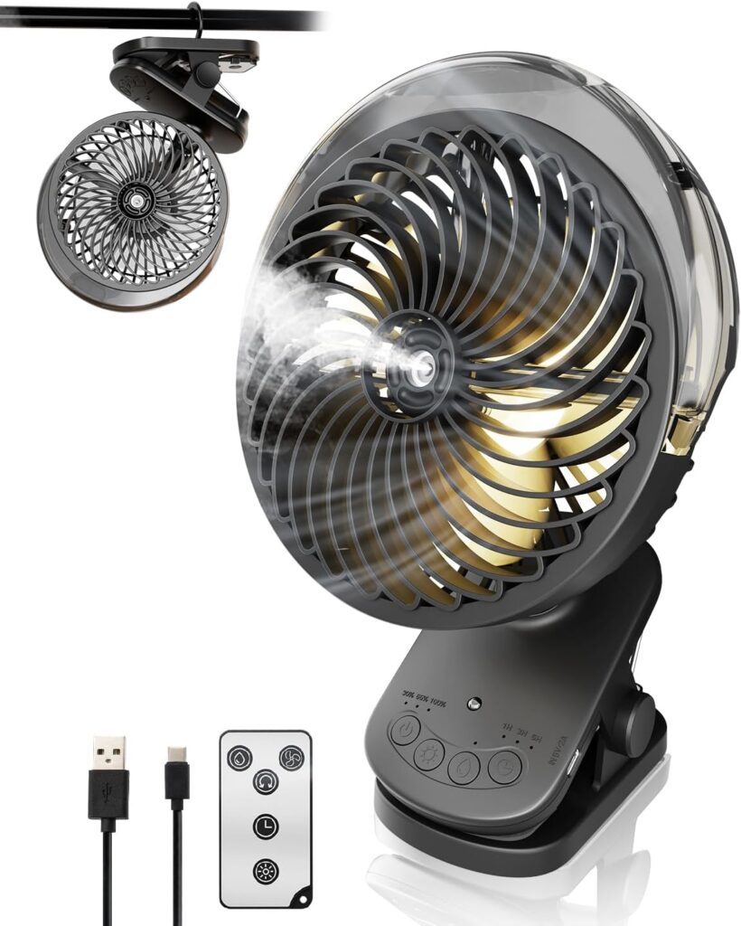 6″ Clip on Fan with Mist & LED Light, 8000mAh Portable Rechargeable Battery Operated Desk Fan with Remote, 45Hrs Quiet Auto Oscillation Small USB Fan for Golf Cart, Tent, Treadmill, Black