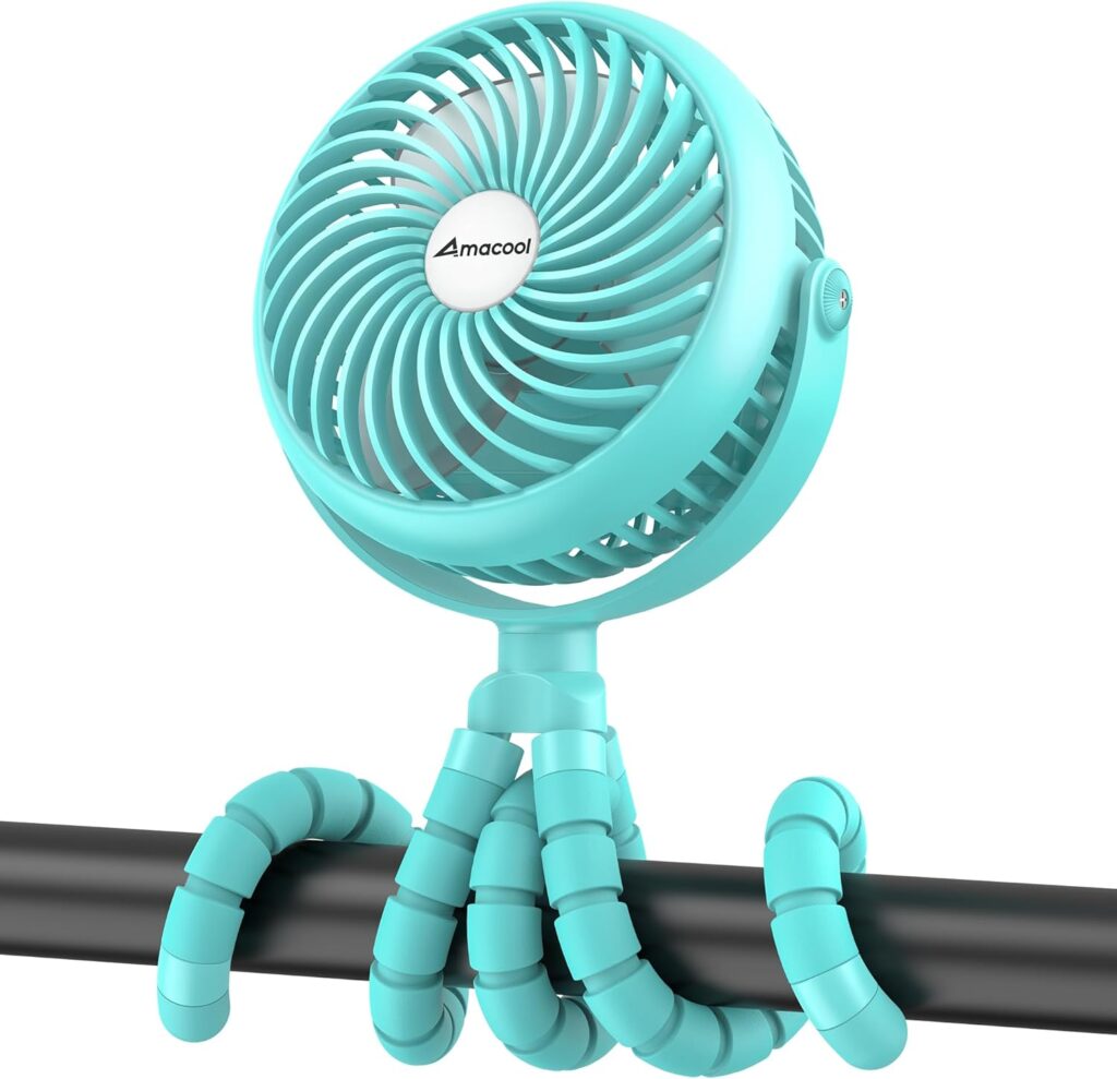 AMACOOL Baby Stroller Fan 20H Work Time Battery Powered Clip on Fan with Flexible Tripod for Car Seat Crib Bike Treadmill (Lake Blue)