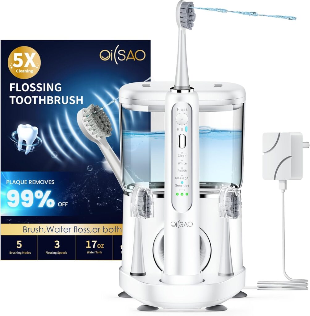 Electric Toothbrush with Water Flosser, Professional Sonic Flossing Toothbrush with 5 Brush Modes & 3 Floss Speeds, 500ML Electric Flosser Combo for Teeth Cleaning,White