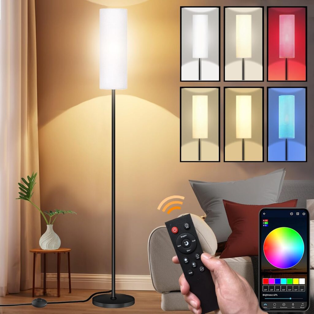 Smart LED Floor Lamp with APP Control & RGB Colors – Dimmable Standing Lamp for Living Room, Bedroom, Gaming – Remote, Timer, 9W Bulb Included, 67″ Modern Tall Lamp (White)