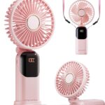 Portable Fan, 4200mAh Battery Operated Fan, 5 Speeds&Digital Display, Makeup Fans for Women with Base, 180°Foldable 3in1 Handheld/Neck/Desk Fan for Outdoor Indoor,Ultra Quiet (Pink)