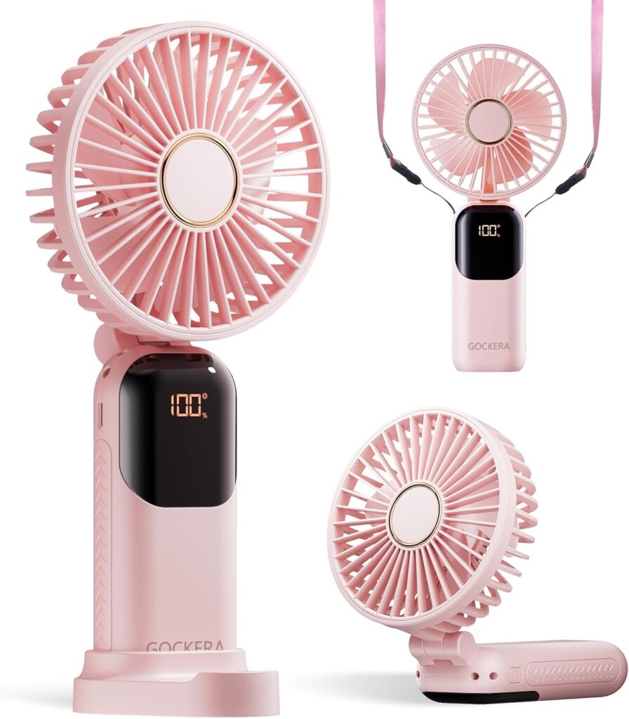 Portable Fan, 4200mAh Battery Operated Fan, 5 Speeds&Digital Display, Makeup Fans for Women with Base, 180°Foldable 3in1 Handheld/Neck/Desk Fan for Outdoor Indoor,Ultra Quiet (Pink)